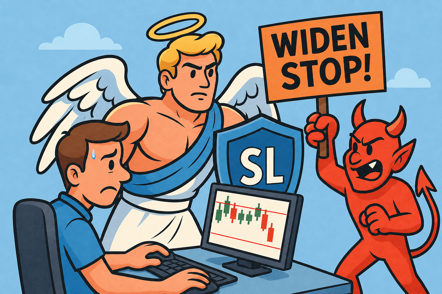 Stop Loss Angel guarding a trader from the Tilt Devil